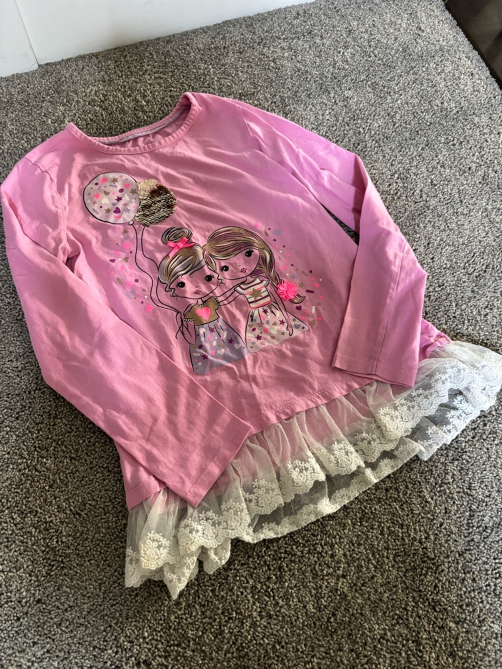ISAAC MIZRAHI - Girls Pink Long-Sleeve Graphic Tunic with Lace Hem